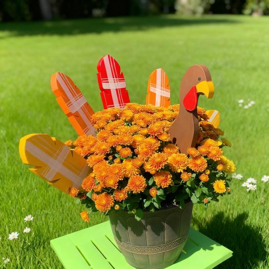 Thanksgiving Turkey Planter Stakes Hand-Painted Wooden Garden Decor for Pots Flower Beds Autumn Fall Harvest Decoration