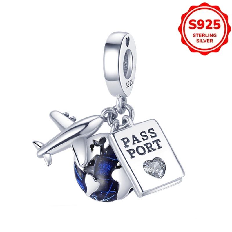 Charms 925 Silver Airplane Passport Earth Beads. Womens Original 925 Bracelets and Bangles DIY Jewelry Pendant Gift