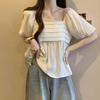 French Style Puff Sleeve Loose Blouse Summer Elegant Square Collar Women's Clothing Fashionable Pleated Basic Solid Color Shirts