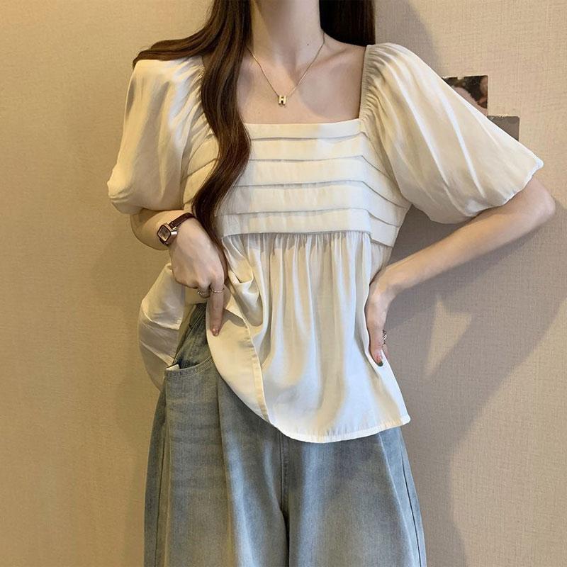 French Style Puff Sleeve Loose Blouse Summer Elegant Square Collar Women's Clothing Fashionable Pleated Basic Solid Color Shirts