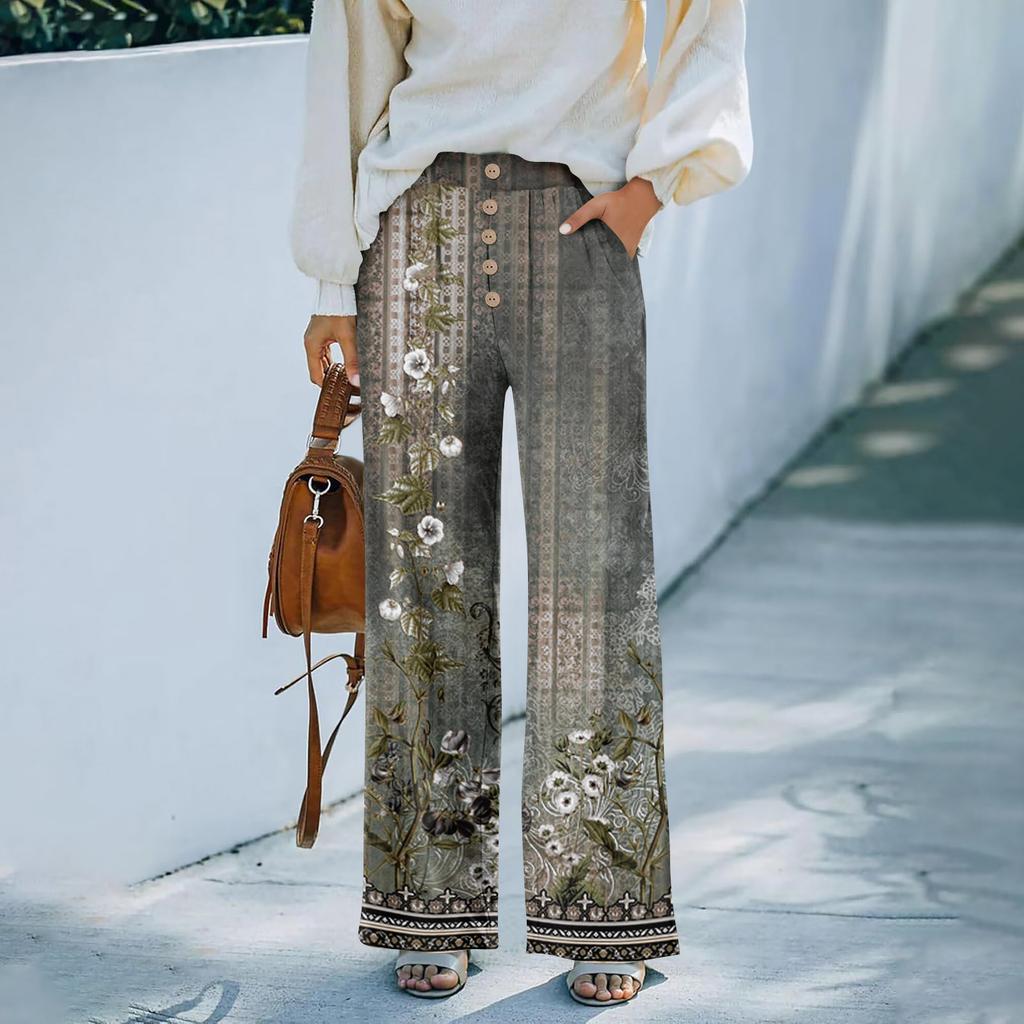 Damen Sommer Boho Palazzo Hose Hohe Taille Weites Bein Blumendruck Freizeithose Mit Taschen