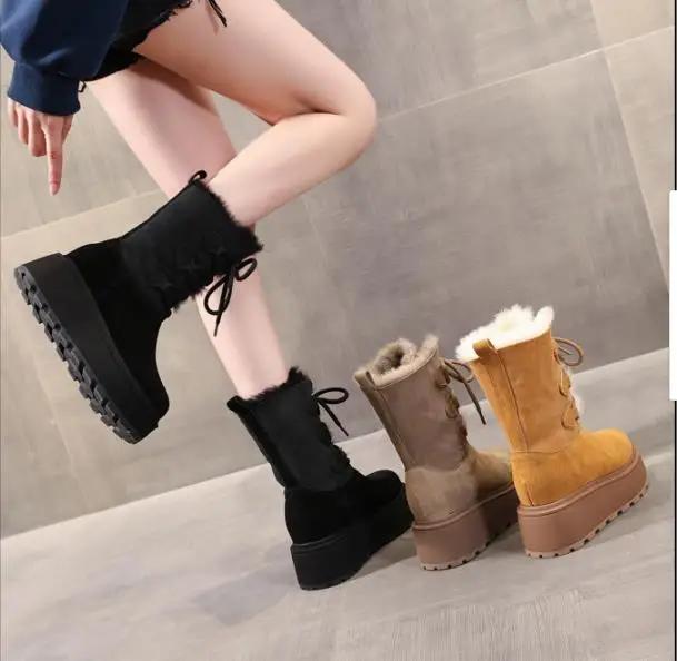 9 см коровья замша натуральная кожа ботильоны на плоской подошве обувь на танкетке зимние — фото 7