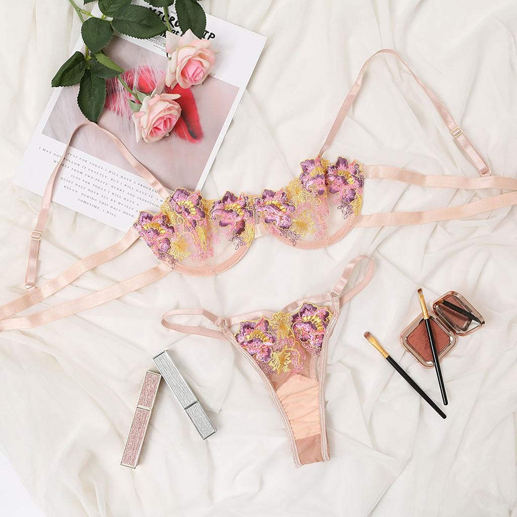 Women Lace Embroidered Lingerie Set Sheer Mesh Bra and Panty Two Piece Underwear Set Adjustable Straps and Hook Closure