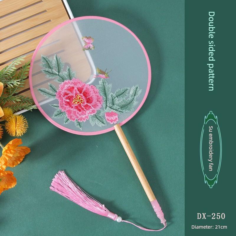 Antique Embroidery Circular Fan Chinese Style Cheongsam Fan Women's Double-Sided Embroidered Transparent round Long Handle Ancient Chinese Clothing