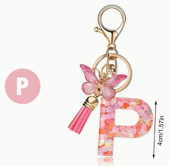 Glitter Resin 26 Letters Keychain with Butterfly Tassel for Women Gift