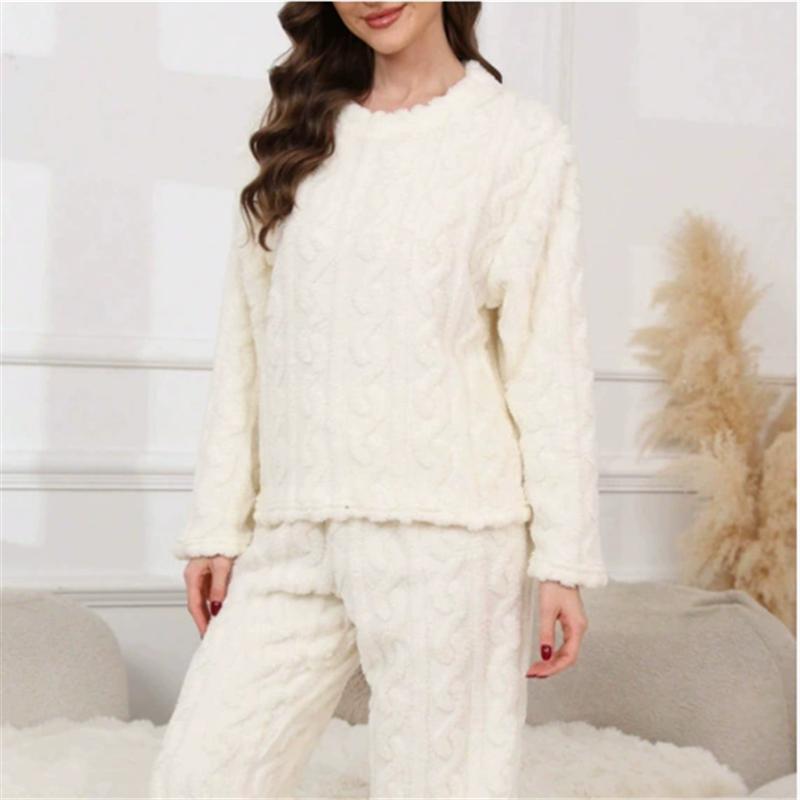 Herbst Winter Warmes 2-teiliges Pyjama-Set für Damen Hauskleidung Flanell Langarm Oberteile und Hosen Hauskleidung Loungewear