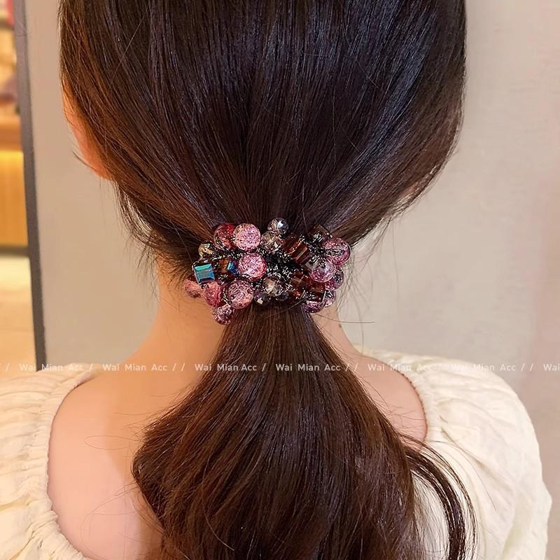 1PC high-end fuchsia head flower crystal hair band women's ponytail headrope 2025 new ball head tie hair rubber band hair accessories