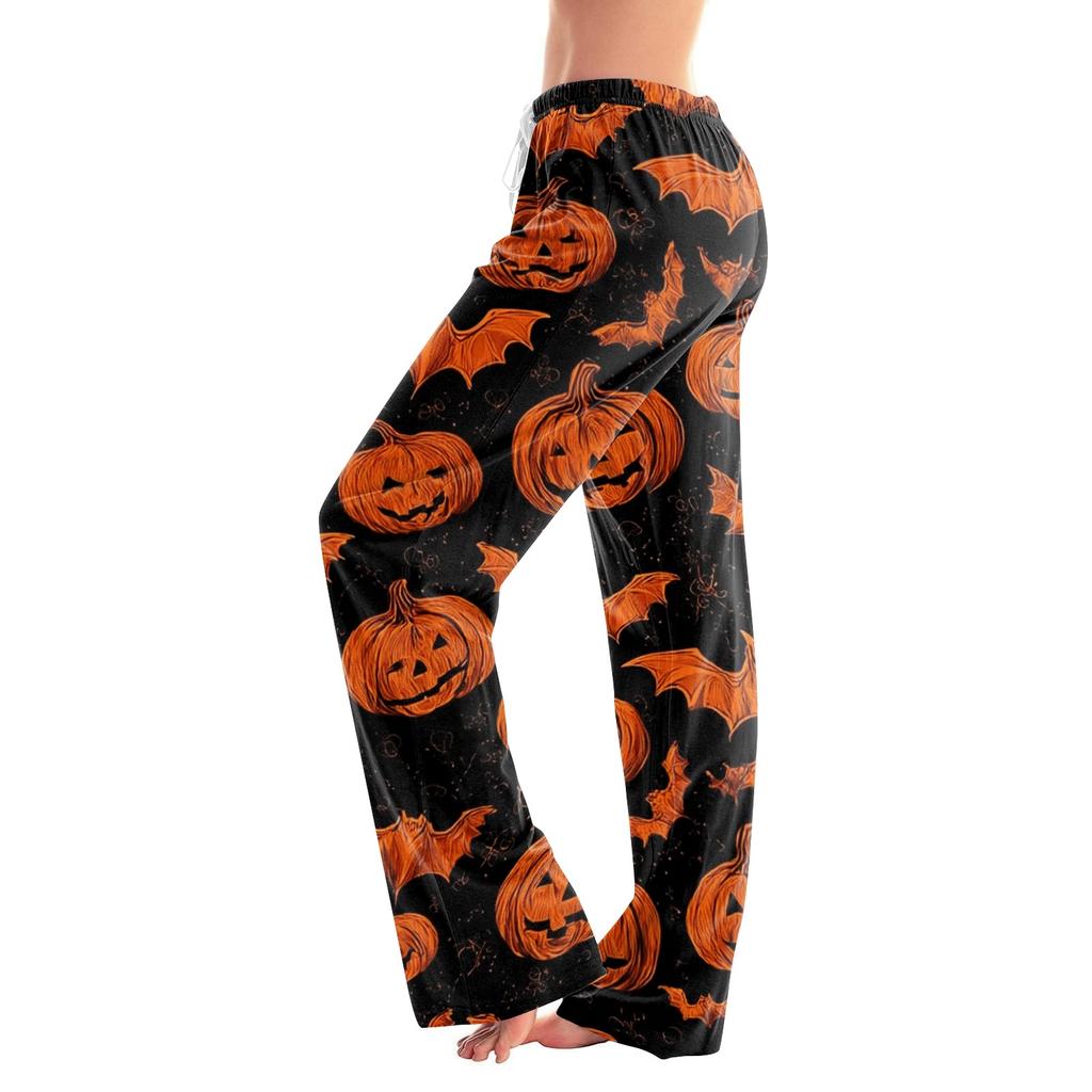 Kadın Cadılar Bayramı Baskılı İpli Pijama Altı - Eğlenceli Baskılı Desenli Yumuşak Günlük Uyku Pantolonu, Kadınlar İçin Rahat Alt Giyim, Bol Kesim