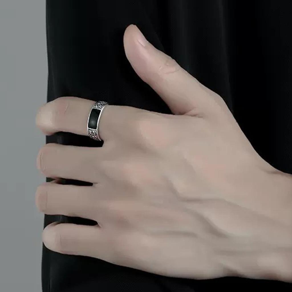 Silver Color Men's Stainless Steel Ring with Black Rectangle Retro Open Dragon Pattern Fashion Male Jewelry Accessory