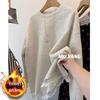 Women's Korean Lace Trim Round Neck Fleece Sweatshirt - Winter Mid-Length Loose Fit