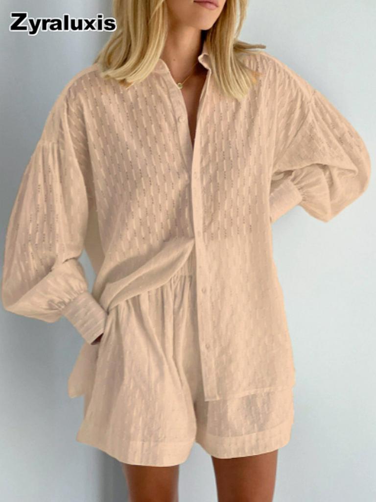 Spring/Summer Women's Lace Trim Bubble Sleeve Top Set with Shorts Casual Fashion Outfit