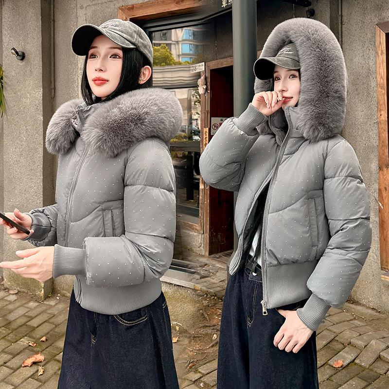 Removable hat high waist big fur collar hooded short cotton-padded jacket women's winter new cotton-padded jacket thin jacket jacket