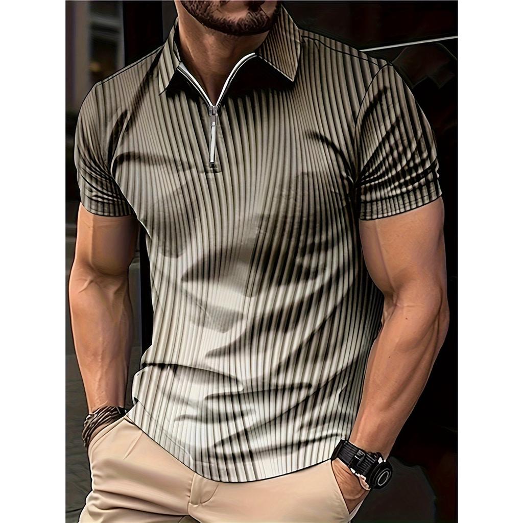summer men's zippered short-sleeved POLO shirt features 3D striped pattern print for street casual