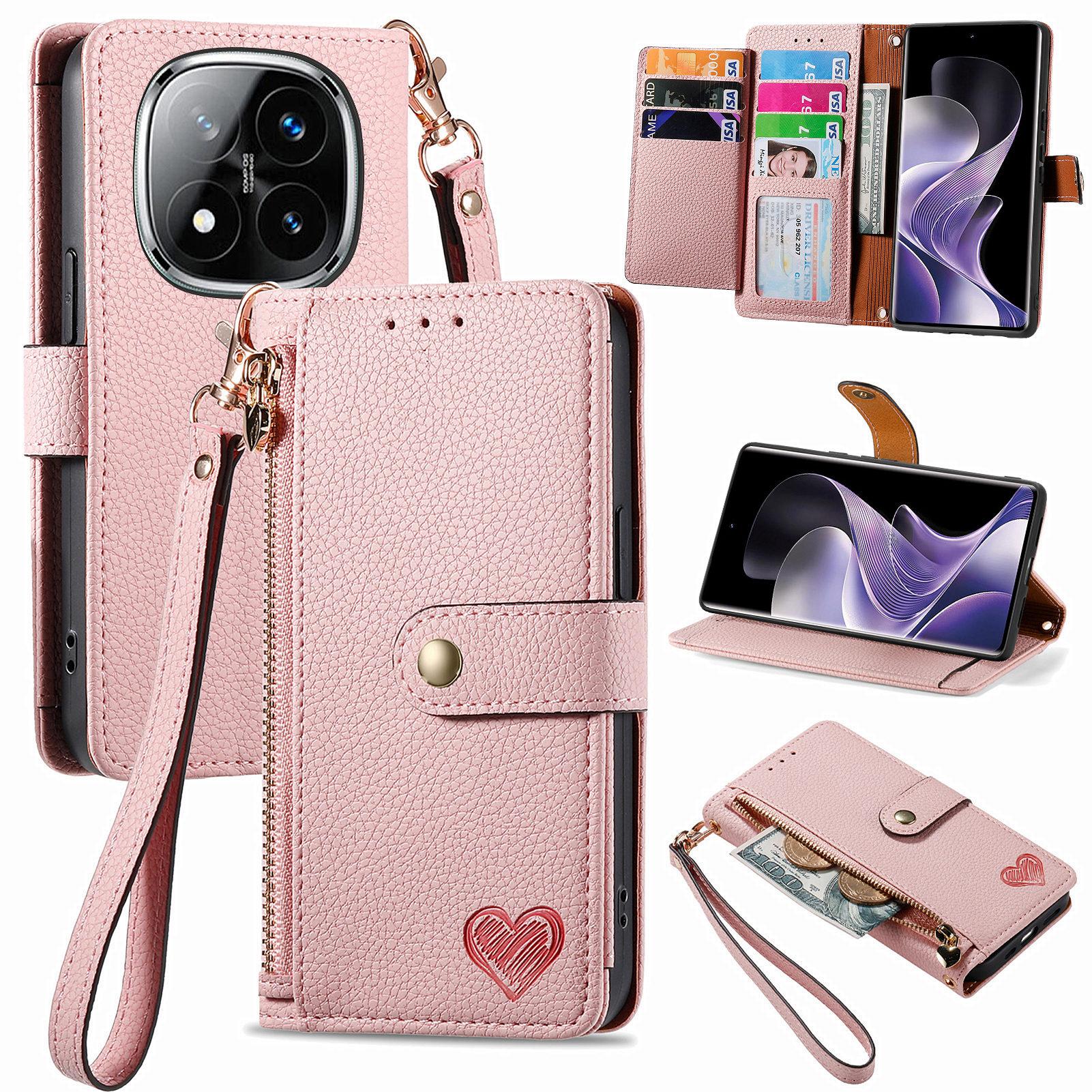 

For Xiaomi Redmi Note 14 Pro 5G/Poco X7 5G Case RFID Blocking Zipper Pocket Leather Wallet Phone Cover with Strap Pink