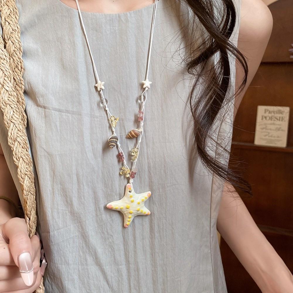 Beach Surfer Starfish Choker Dopamine Bead Summer Clavicle Chain Starfish Shell Necklace  Vacation