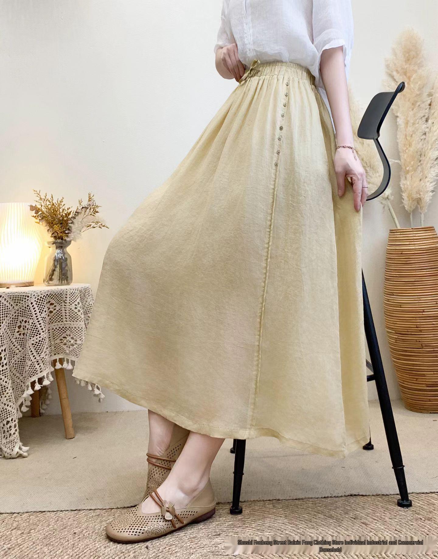 

Летняя юбка А-силуэта из чистого льна 2025: Простая эластичная талия, Детали с пуговицами, Универсальный пэчворк-дизайн для женщин. One Size