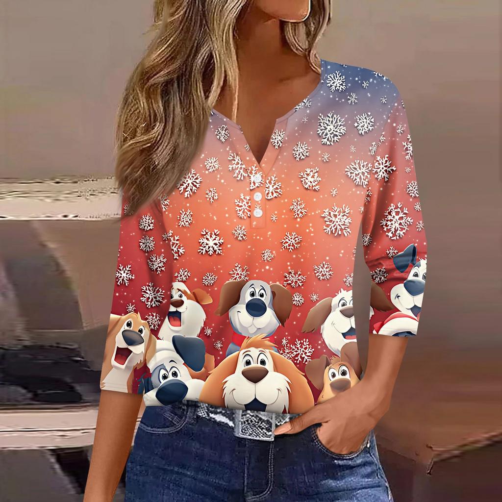 Women's T Shirt Tee Christmas Printed Button 3/4 Sleeve Tunic Daily Weekend Fashion Basic V- Neck Regular Top