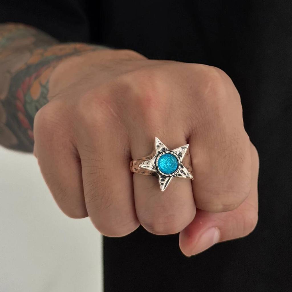 Salircon  5 Styles Exquisite Multicolor Acrylic Rhinestone Pentagram Ring Men Punk Adjustable Finger Rings Couple Jewelry