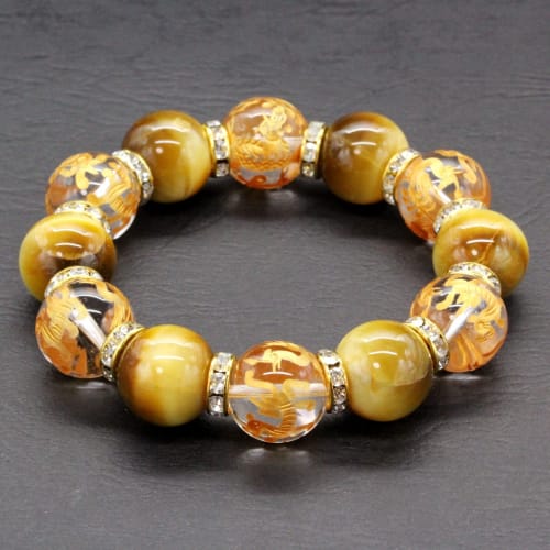 Ishiki Golden Tiger Eye 16mm Four Gods Crystal Bracelet for Men, Paulownia Wood Box Included, B062
