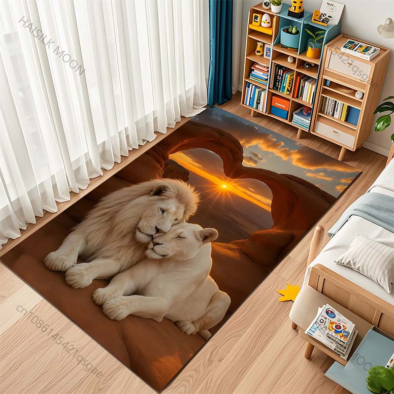 2 Lions in Love Print Carpet for Living Room Bedroom Sofa Creative Doormat Home Decor Area Rugged Non-slip Mat Luxury Gift