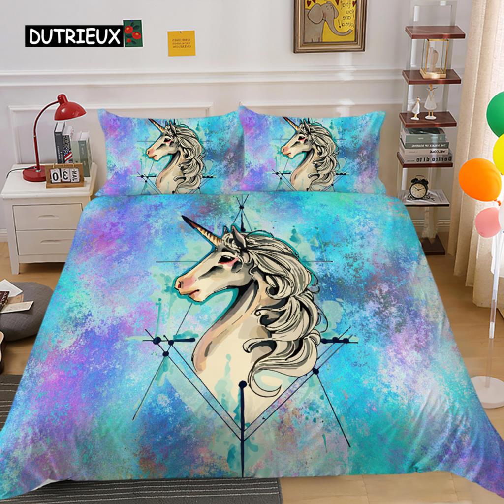 Husă de plapumă Rege Regină Unicorn Desen animat Animal Curcubeu Univers Set de lenjerie de pat pentru copii Adolescenți Cosmic Cer înstelat Poliester Husă de plapumă