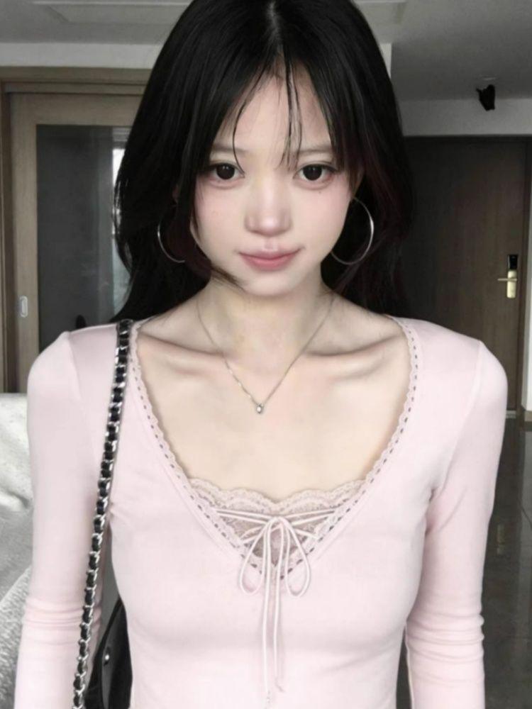 260g Cotton Modal V-Neck Two-Piece Style Slimming Lace Tie-Up Base Layer Top