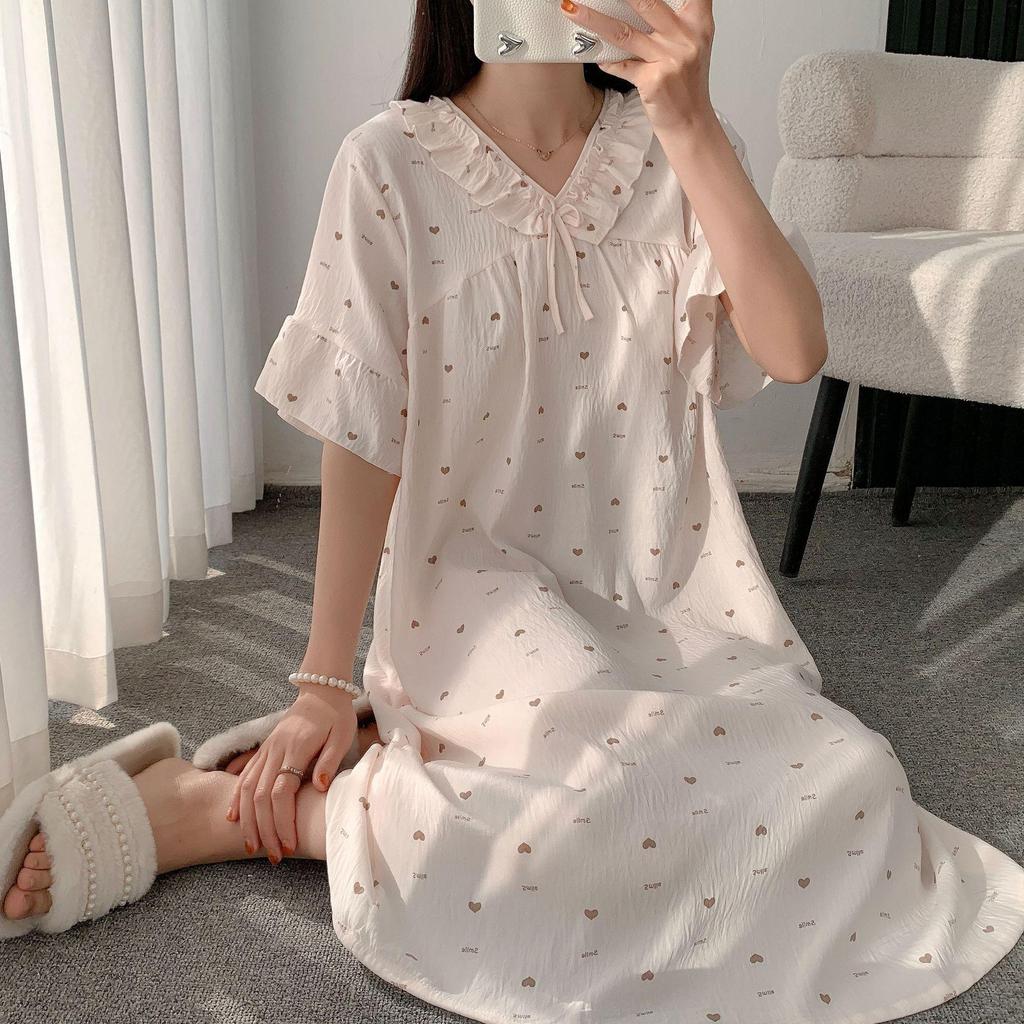 Cloud Cotton Summer Pajama Dress - Women's Short Sleeve Sweet Girl Print Homewear