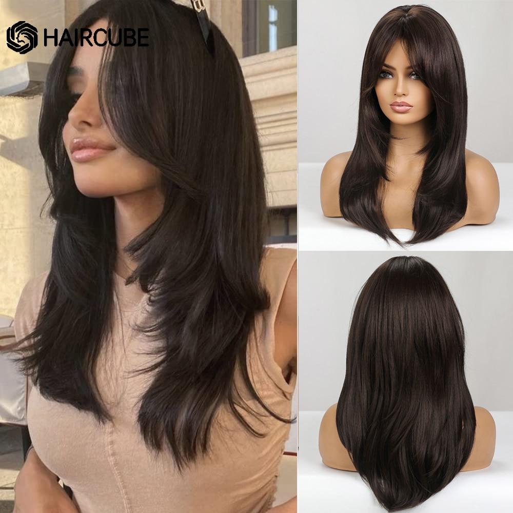 HAIRCUBE Dlouhé rovné syntetické paruky Hnědá Smíšená Bílá Vrstvené paruky pro černé ženy Cosplay paruky odolné vůči teplu