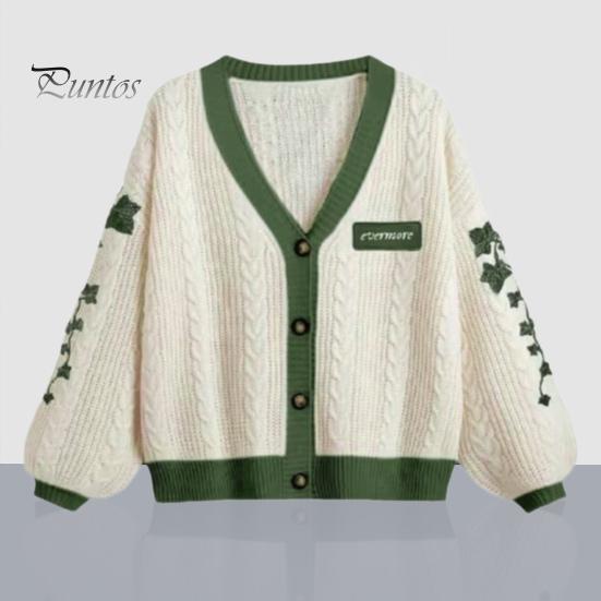 

Женский свитер, пальто с v-образным вырезом и длинным рукавом, вышивка в виде листьев, вязаный свитер контрастного цвета, однобортный вязаный кардиган S зелёный