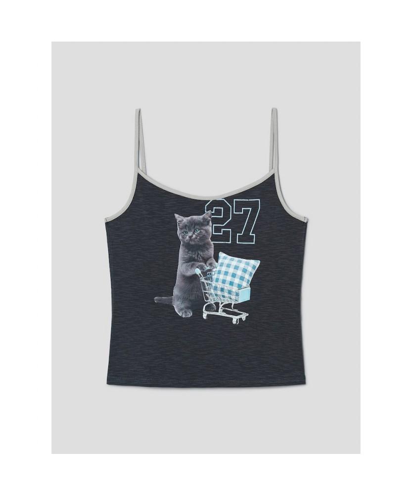 8SECONDS Cat Print Sleeveless T-Shirt Ash