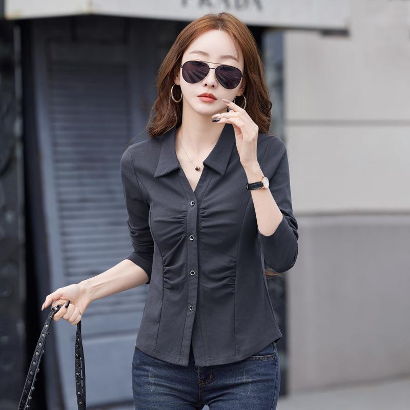 Women's Slim Fit Lapel Button Fold Cardigan Waist Slimming Long Sleeve Top