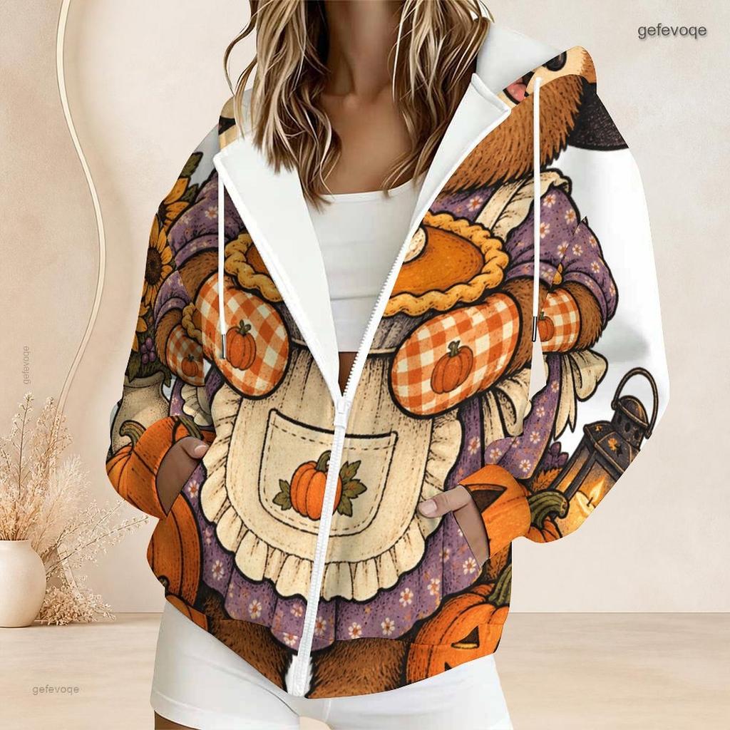 Women Plus Size Zip Up Hoodie Cute Bat Cat Pumpkin Floral Bow Print Long Sleeve Casual Hooded Sweatshirt