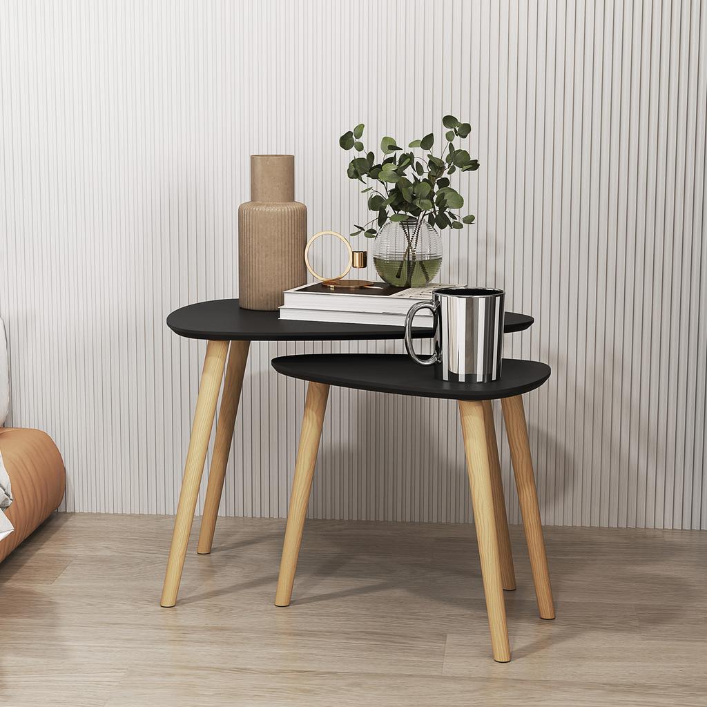 Set Of 2 Nesting Coffee Tables Scandinavian Design Wooden Legs And Wooden Top Black