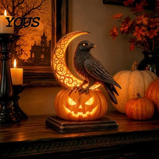 Dark Fantasy Room Accents Halloween Pumpkin Resin Lamp, Gothic Glowing Tabletop Decor for Home, Ornaments Spooky Dragon Ghost Black Cat Ornament,