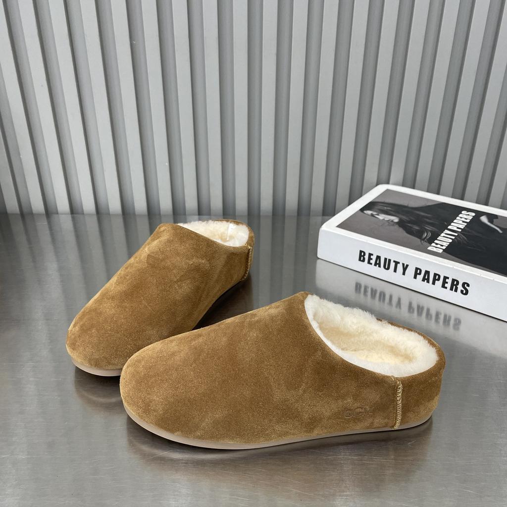 Cowhide Version of Minimalist Round Head Lazy Thick Bottom Hairy Half Drag Women Warm Casual Versatile One Pedal Bag Head Hairy Shoes