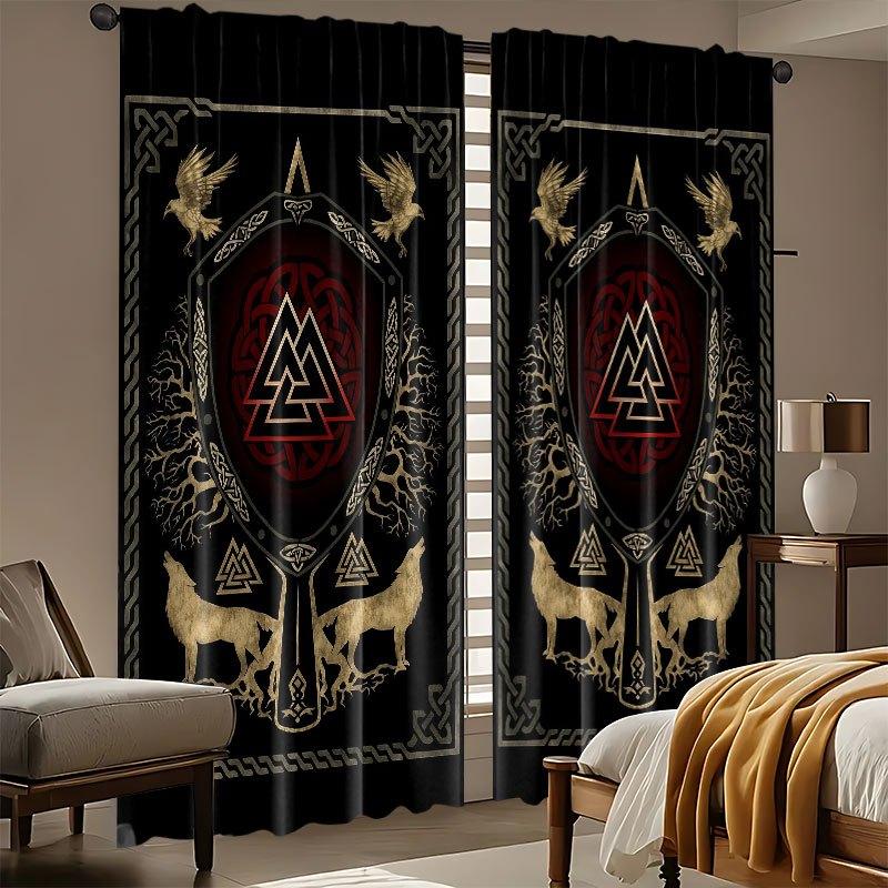 Set Of 2 Viking Shield Raven Wolf Light Blocking Curtains Black Red Gold Polyester Bedroom Living Room Office Curtain For Made Machine Washable