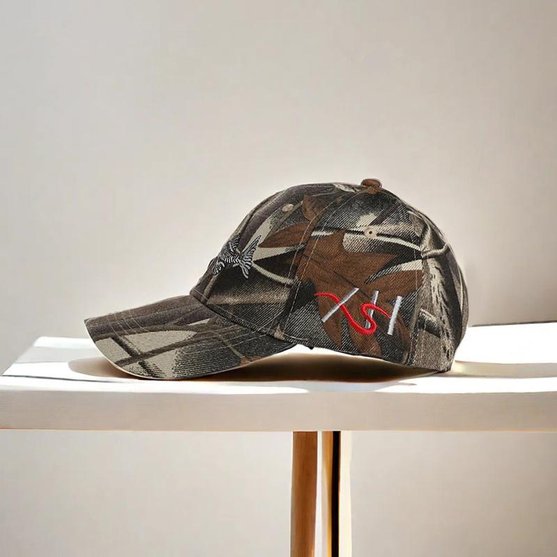 2pcs Men's Baseball Cap Necklace Set Embroidered Fish Outdoor Camouflage Leisure Cap Motorbike Titanium Steel Models Pendant Necklace Sun Hat