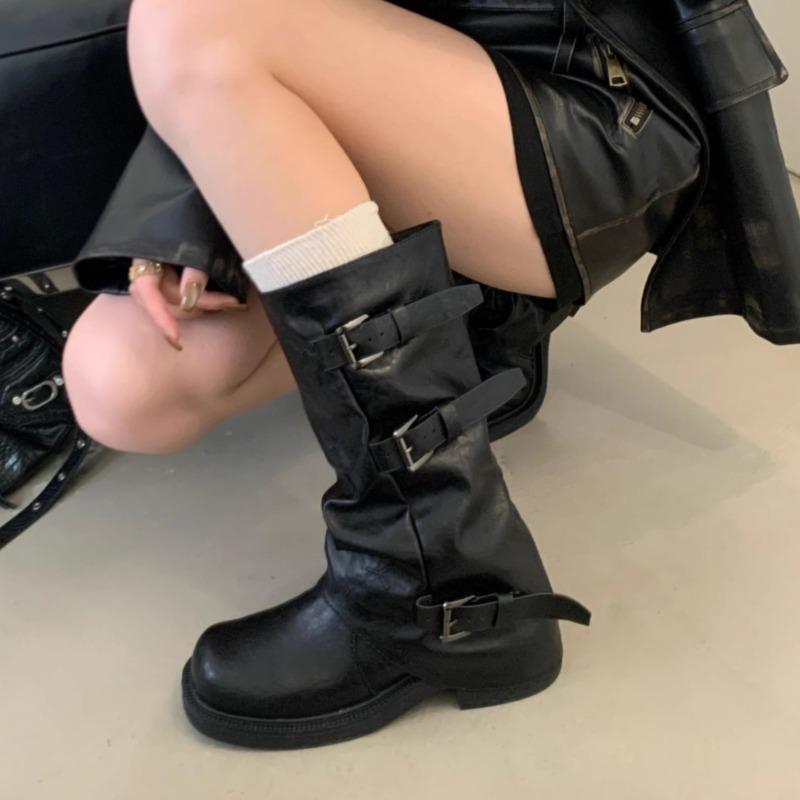 

Fashion Block Heel Metal Belt Buckle Side Zipper Tall Boots Women s Fashion Round Toe Soft Slip Single Boots 40