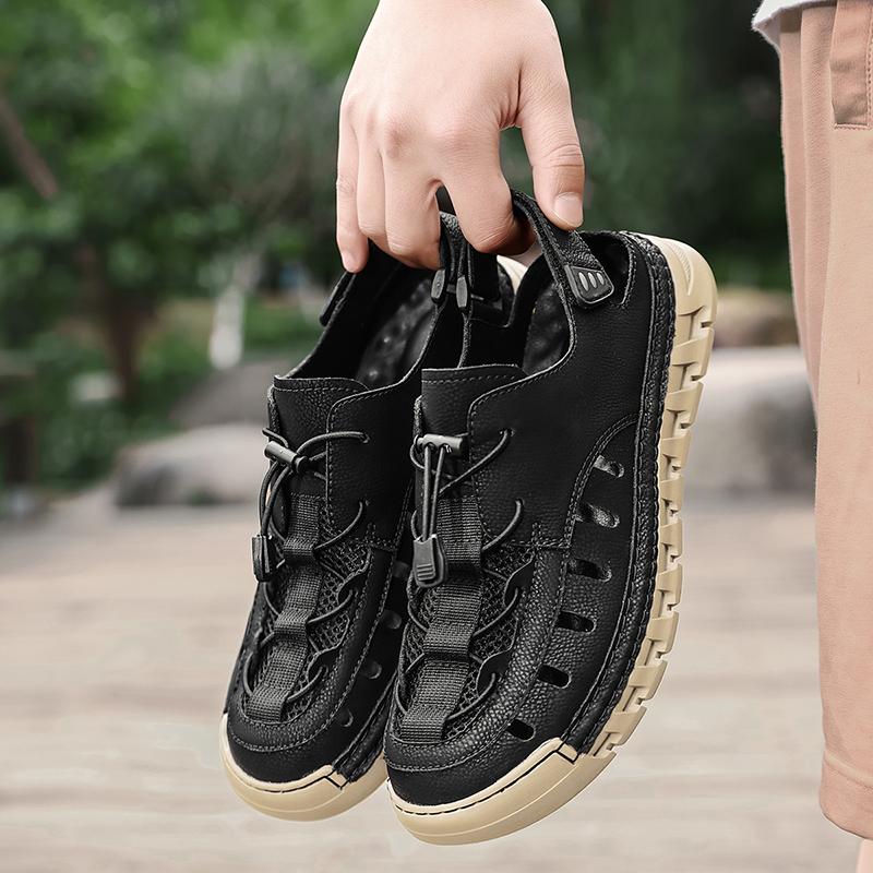 Men Sandals New Elastic Band Leather Hollow Breathable Comfortable Lightweight Summer Outdoor Beach Walking Sandals for Teen