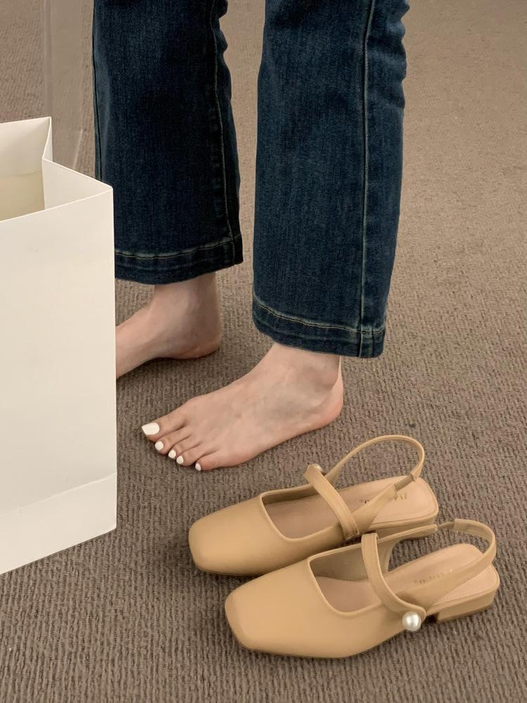 Gentle fairy style with skirt evening shoes low heel bag head sandals women's shoes simple and versatile rear empty square head single shoes