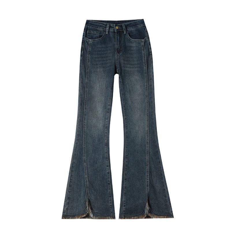 Women s High-Waisted Frayed Micro-Flare Jeans - Slimming Retro Style for Spring/Autumn 2025 XL