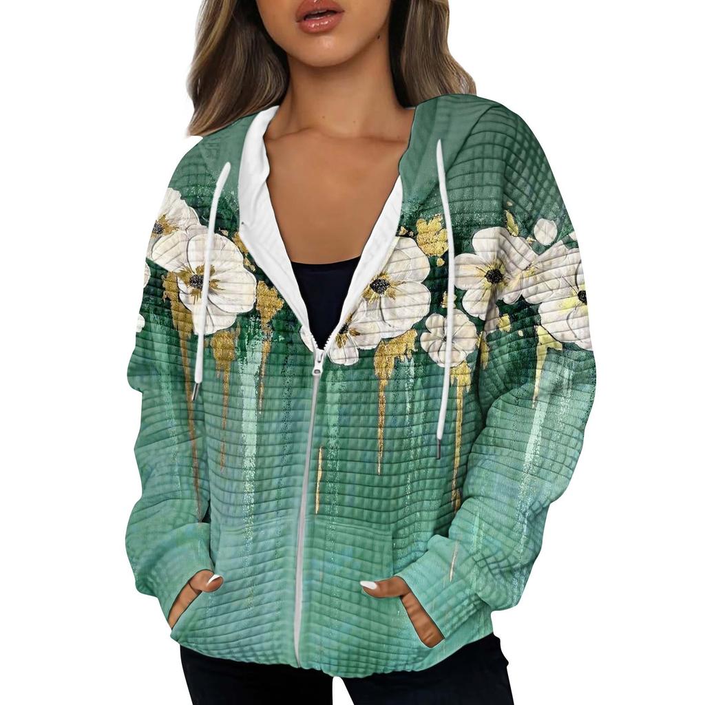 Damen Herbst und Winter Casual Fashion Hoodie Sweatshirt Bedruckte Reißverschlussjacke mit Taschen