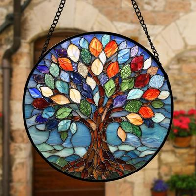 2D Tree Suncatchers Colorful Glass Panel Suncatchers Decors Birthday Gift Women Stained Glass Window Hanging Decors