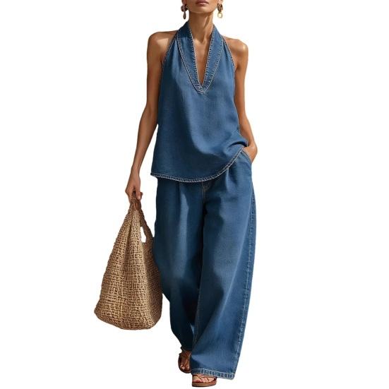 Halter Denim Set for Women Sleeveless Tank Top And Wide Leg Pants Lounge Sets Summer Casual Two Piece Outfits with Pockets