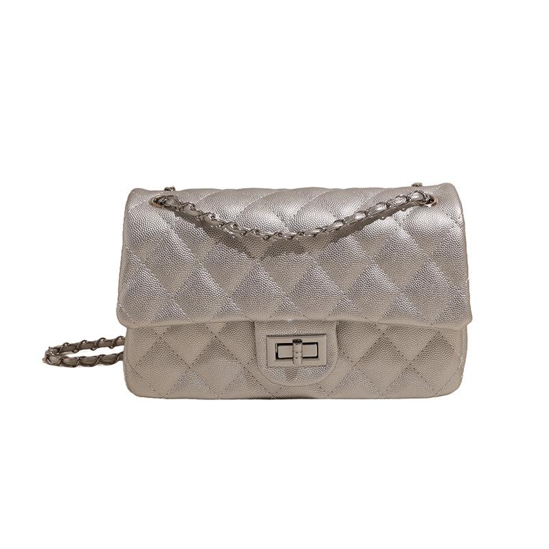Lingge embroidery thread shoulder bag bag women's 2025 new silver small square bag ins texture niche PU chain underarm bag