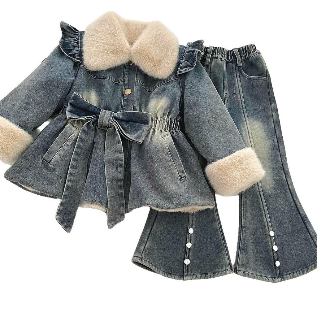 Mädchen Jeansjacke mit Samtkragen & Schlagjeans mit Perlen Winter Set
