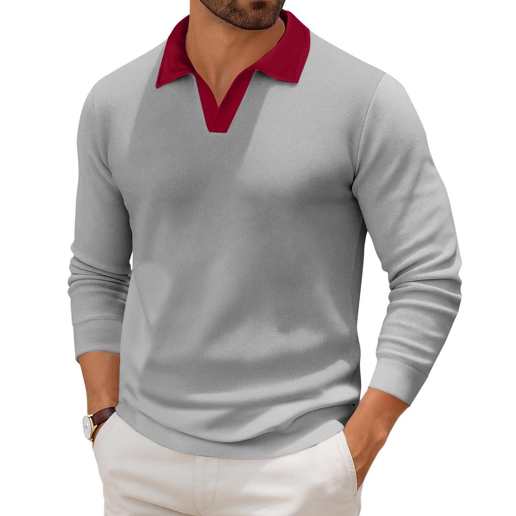 Men's Casual Color-Block Collared Long-Sleeve Knit Base Layer Top