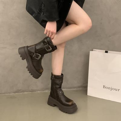 Zhao Zhaoyi's Same Martin Boots Women's Autumn Fashion Retro Western Boots Belt Buckle British Style Medium Tube Locomotive Short Boots