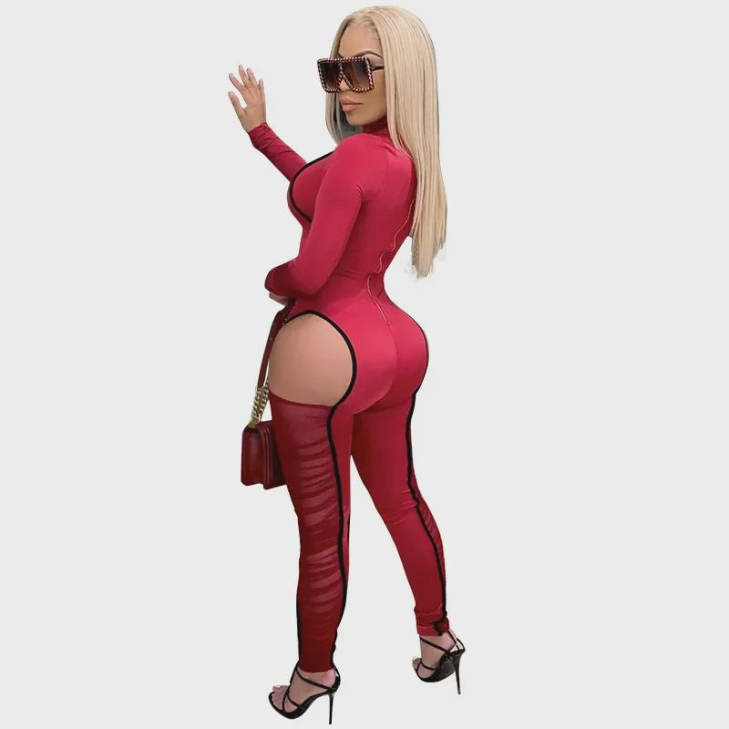 K9790 Sexy Contrast Color Mesh Splicing Jumpsuit for European and American Fashion