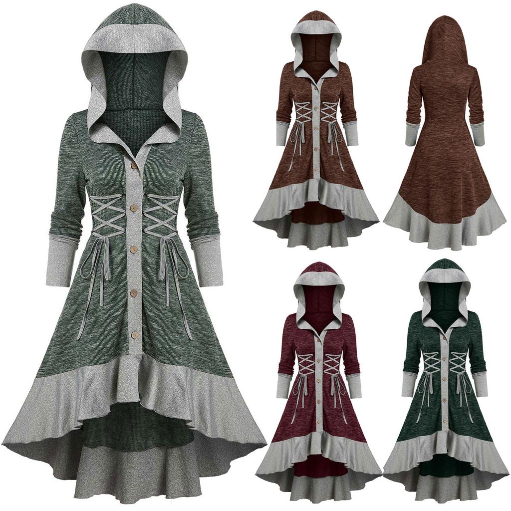 Women  Contrast Ribbed Ruffles Flare Sleeve Button Coat High Low Cardigan